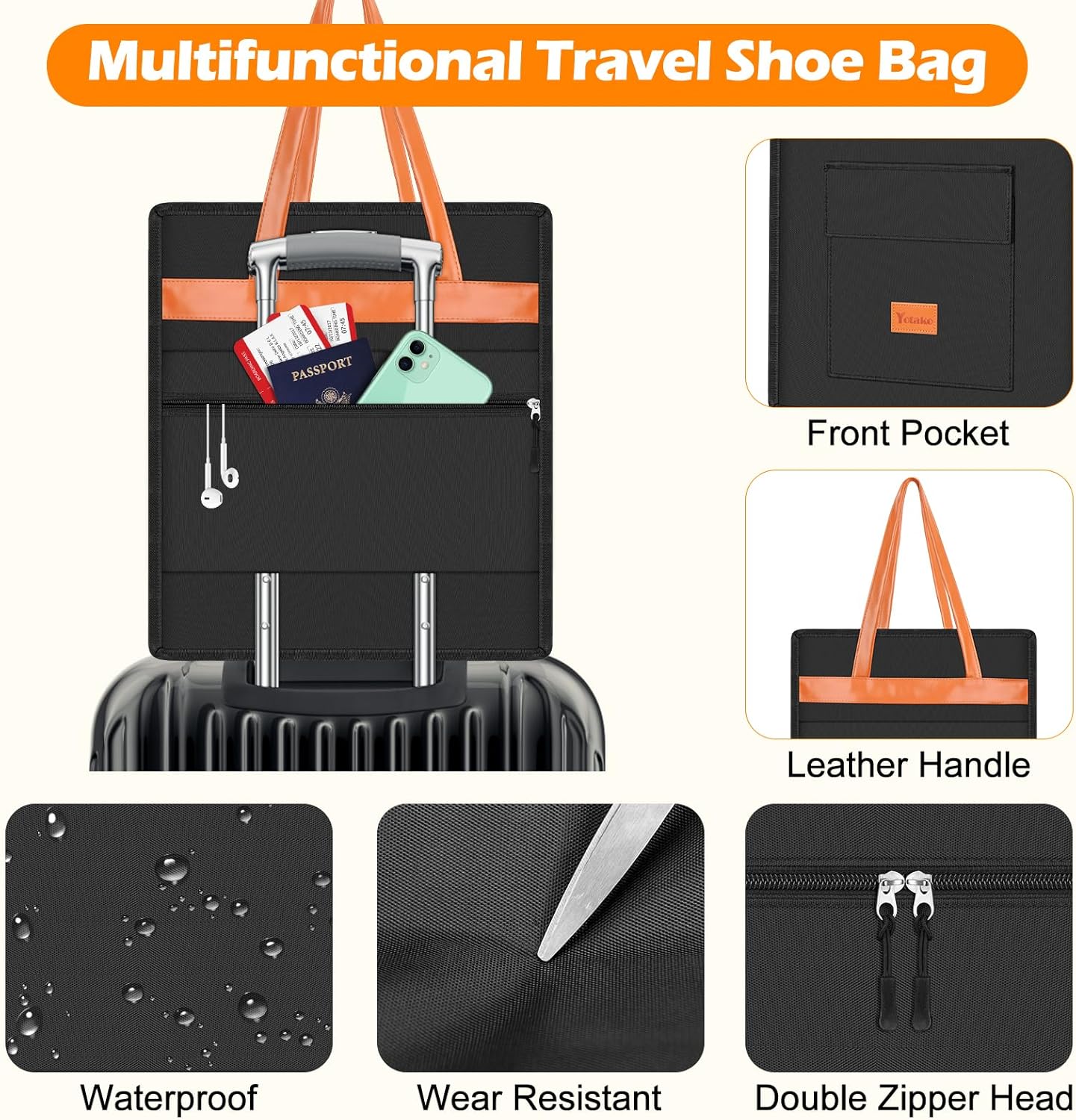 Yotako Shoe Bag for Travel with Leathers Handle,Portable Shoe Organizer with Pockets,3 in 1 Hanging Luggage Shoe Storage Bag,Travel Shoe Bag for Women Men Fit 6 PCS Shoes,Black