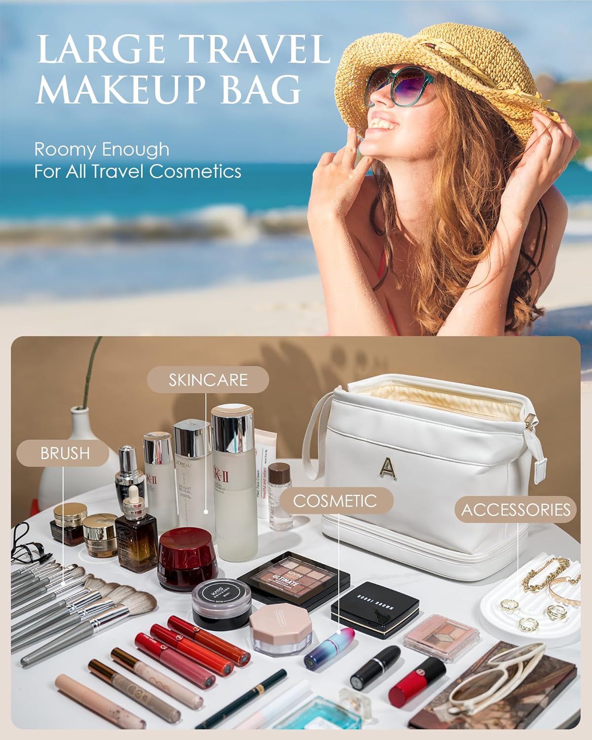 Birthday Gifts for Women, Initial Makeup Bags for Teens Girls, Double Layer Cosmetic Bag with