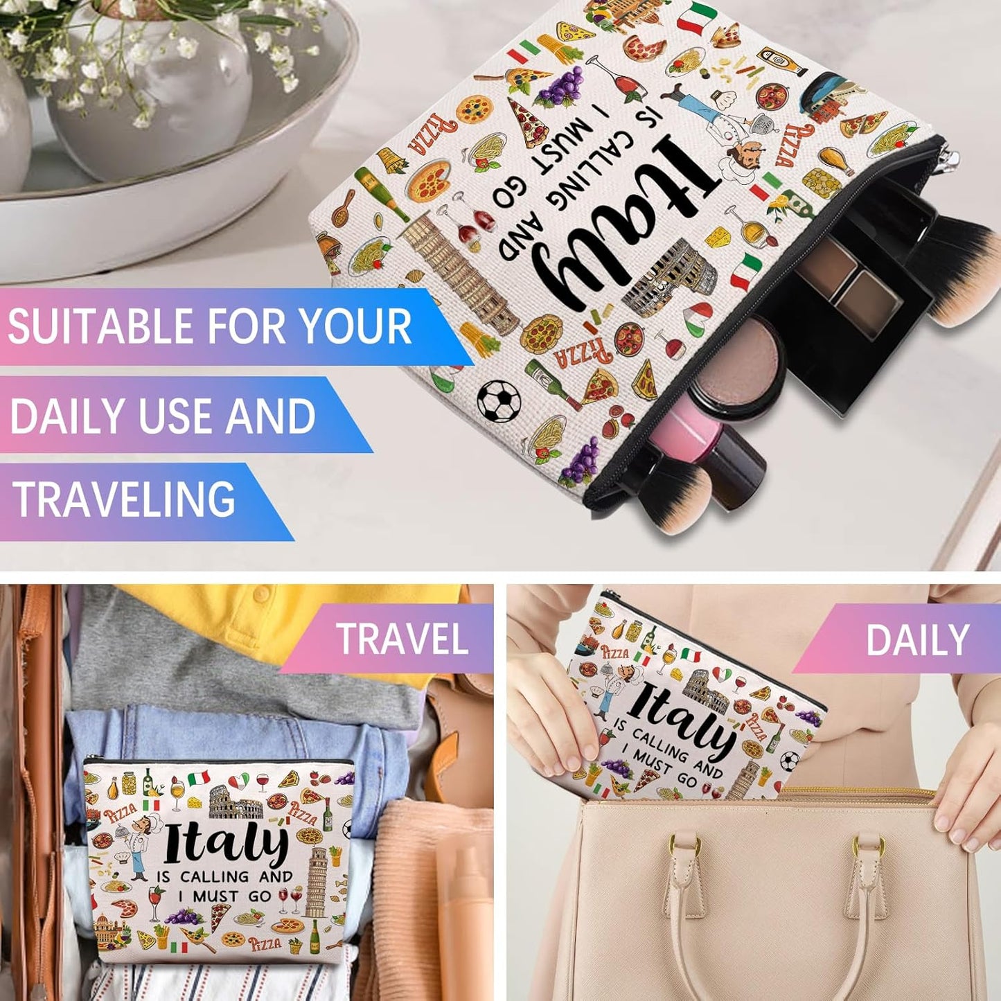 Italy Travel Gift Makeup Bag, Italy Lover Themed Gifts for Traveller Women Friends, Italian Travel Trip Essentials Souvenir, Italian Trip Gifts for Women Party Favors