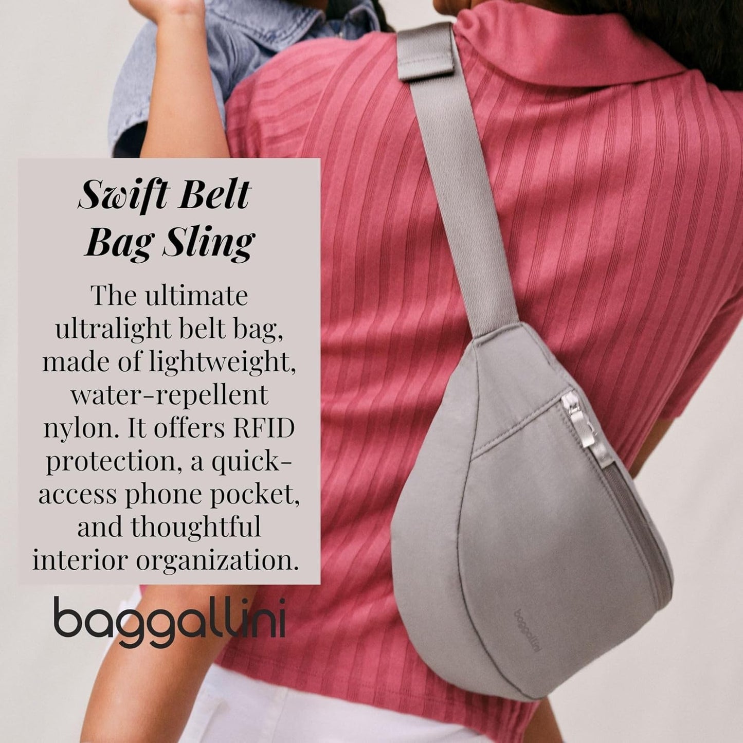 Baggallini Style Swift Belt Bag Sling Bag - Lightweight 12"x7" Crossbody Bag Fanny Pack Belt w/RFID and Adjustable Strap