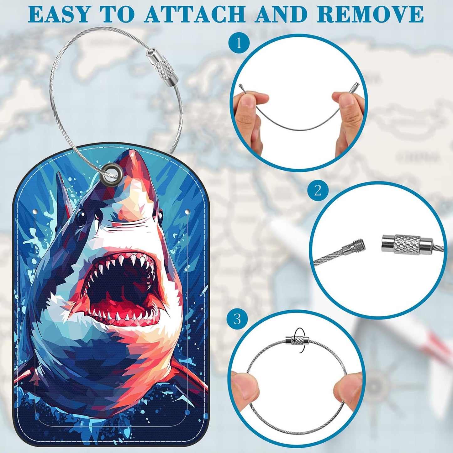 2 Pack PU Luggage Tags for Suitcase, Cute Shark Suitcase Tag Leather ID Label Bag Tags with Privacy Cover and Metal Loop for Men Women Travel Bag