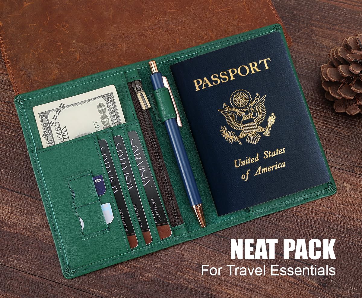 STAR VISTA Phoenix Leather Passport Holder, Calfskin Travel Wallet - RFID Blocking, ID Window, Zipper Pocket, Pen & Notebook Included, Mint