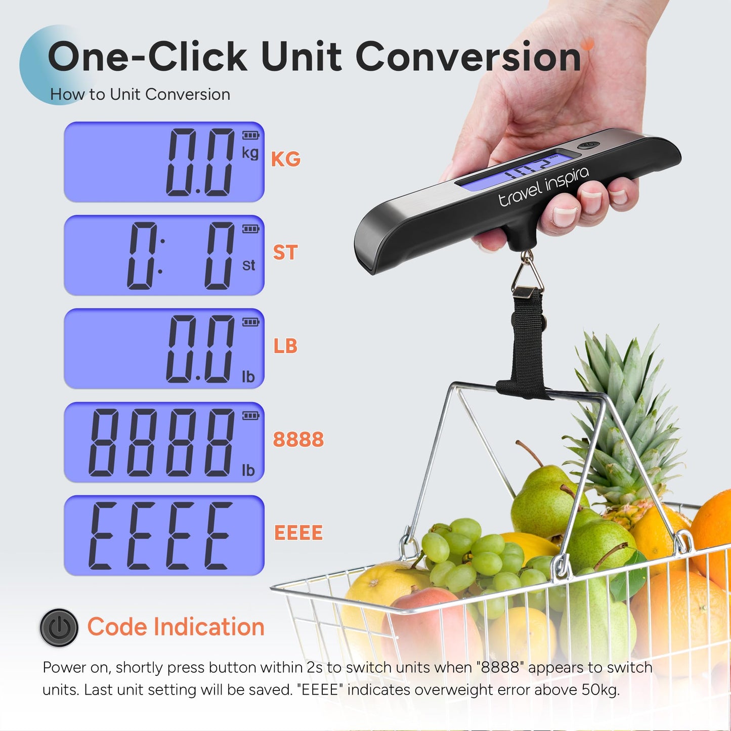 travel inspira Rechargeable Luggage Scale 110lb/50kg - Large Backlit Display - Stainless Steel