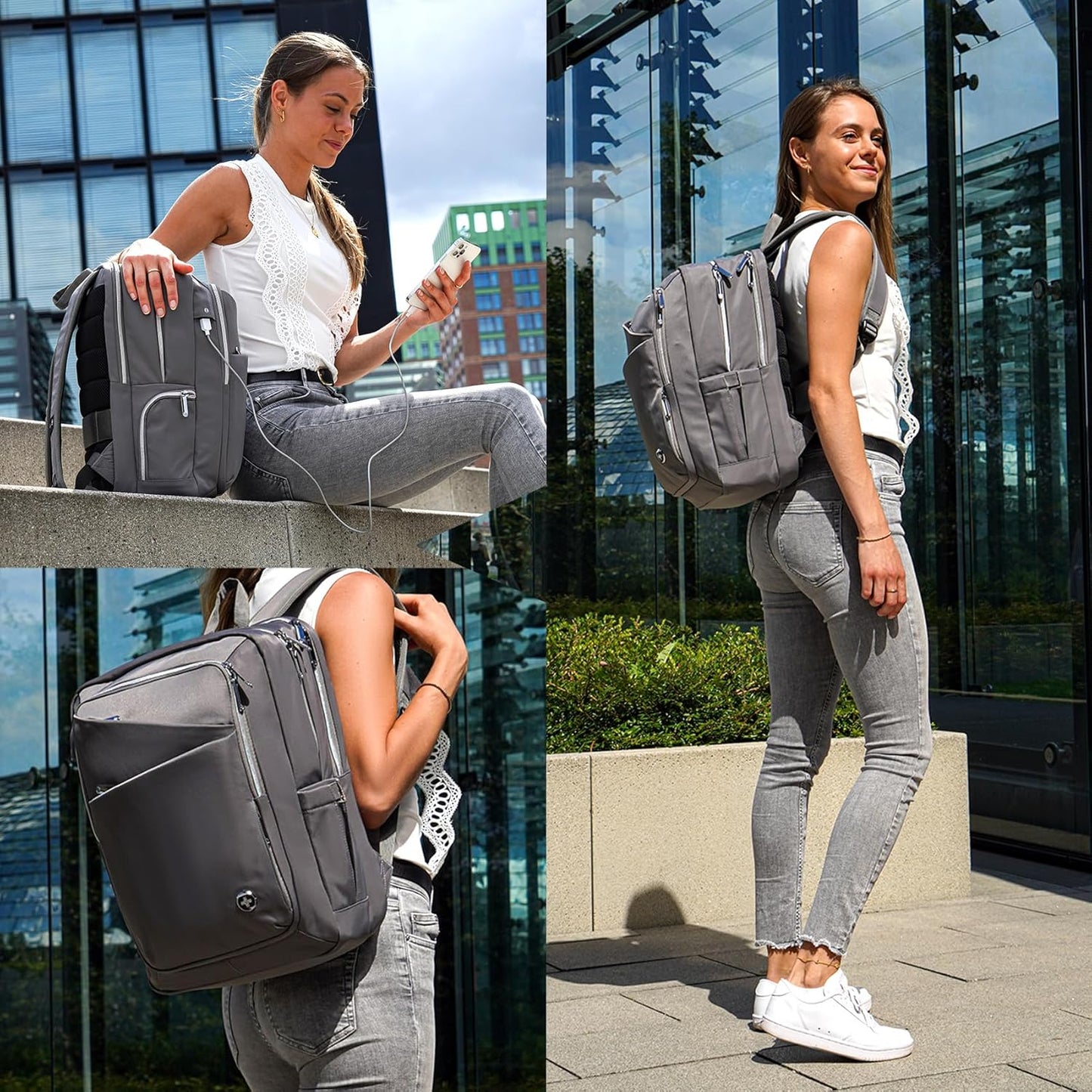 Swissdigital Design Laptop Backpack for Women，Travel Backpack with USB Charging Port，Fits 15.6 Inch School Computer Backpacks for Work Business,Grey | KATY ROSE