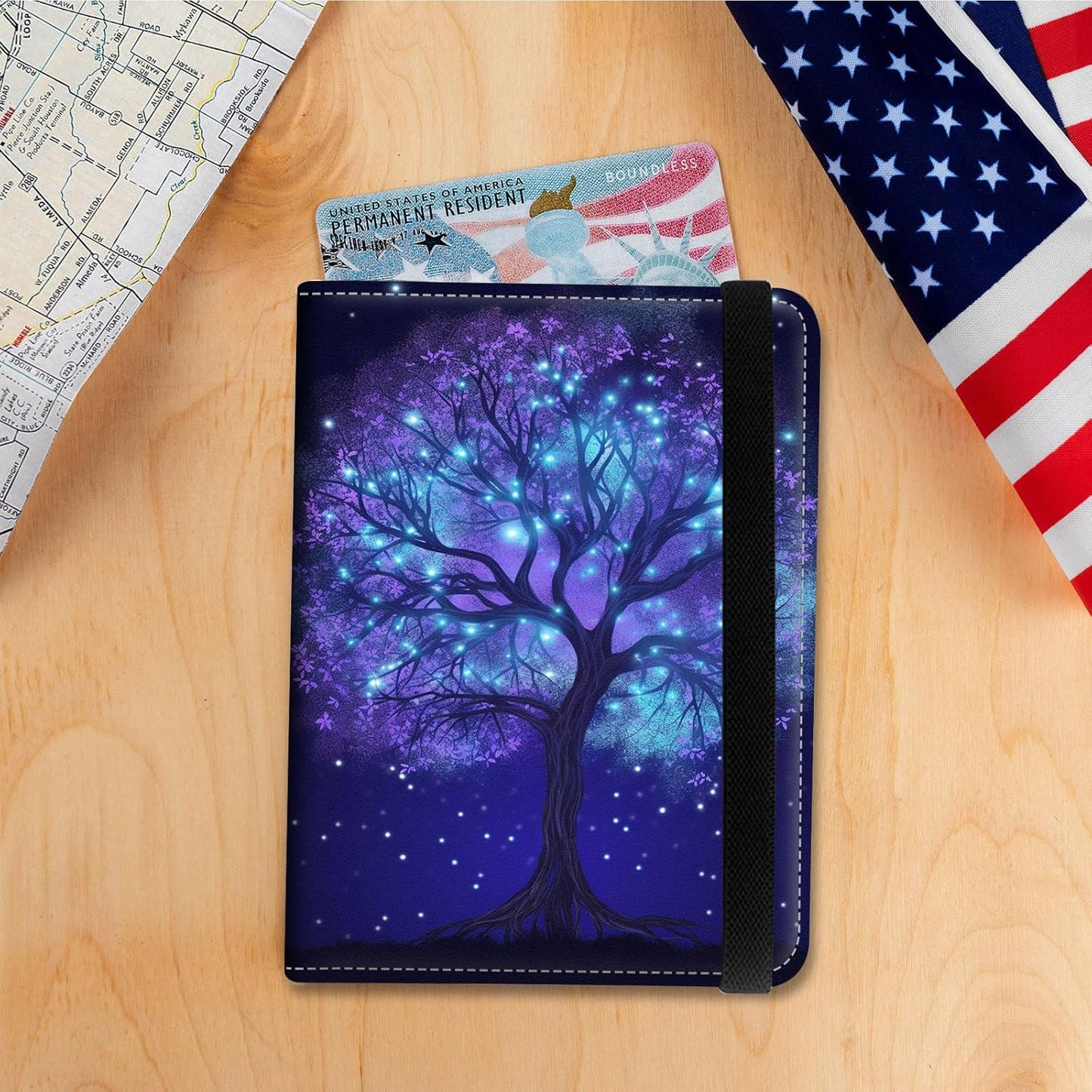 Passport Holder Cover Wallet Travel Essentials RFID Blocking Case Leather Passport Cover Wallet Vaccine Card Slot Organizer for Men Women, Fluorescent Tree
