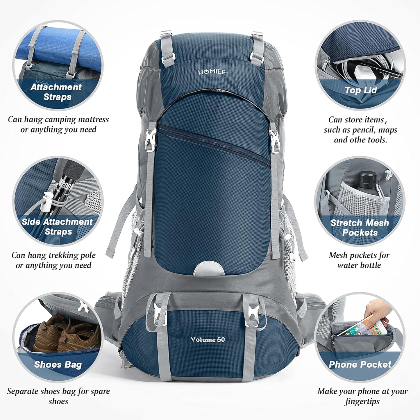 HOMIEE 50L Hiking Backpack Travel Bag Waterproof Camping Rucksack with Rain Cover Lightweight Backpacking Backpack