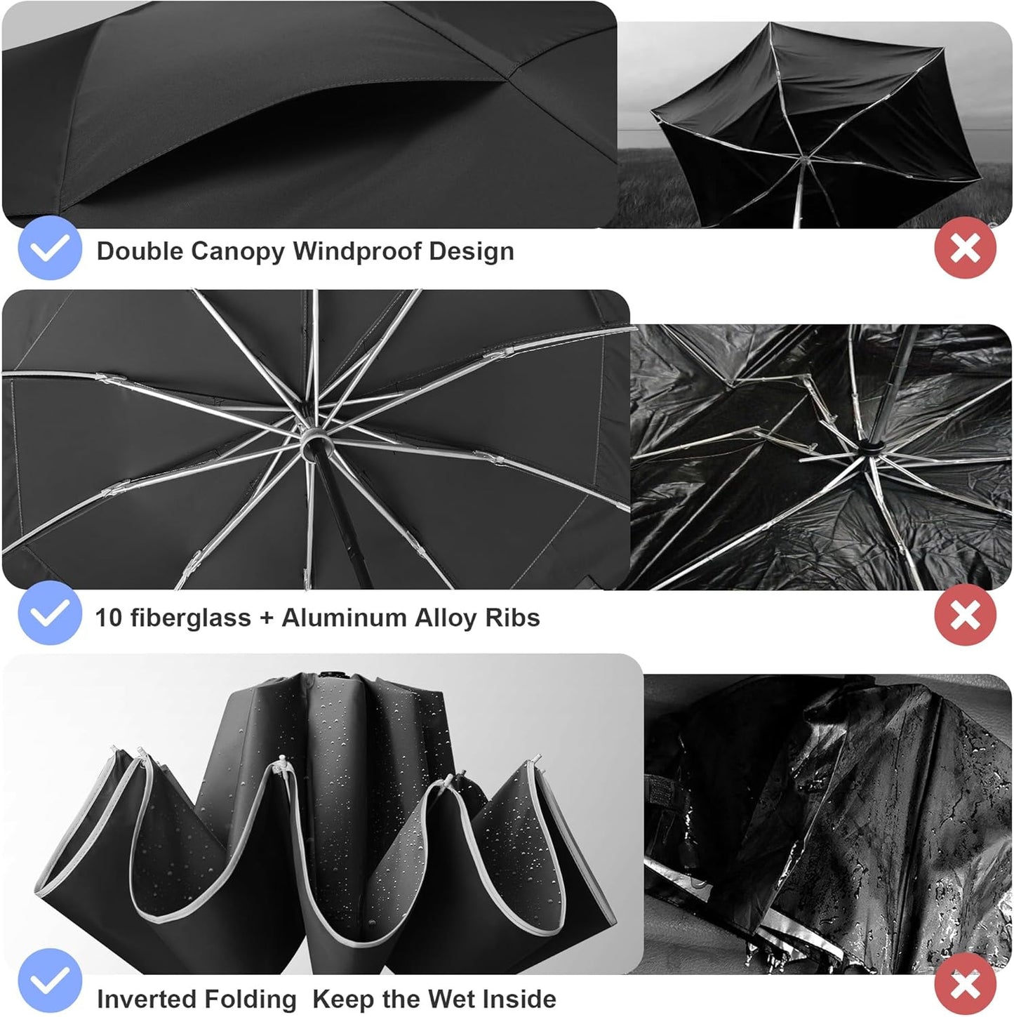 Urvoix Compact Golf Umbrellas Windproof, Travel Umbrella for Rain, 10 Ribs Aluminum Alloy & Fiberglass w/Reflective Stripe, Double Canopy Automatic Anti-bounce Close