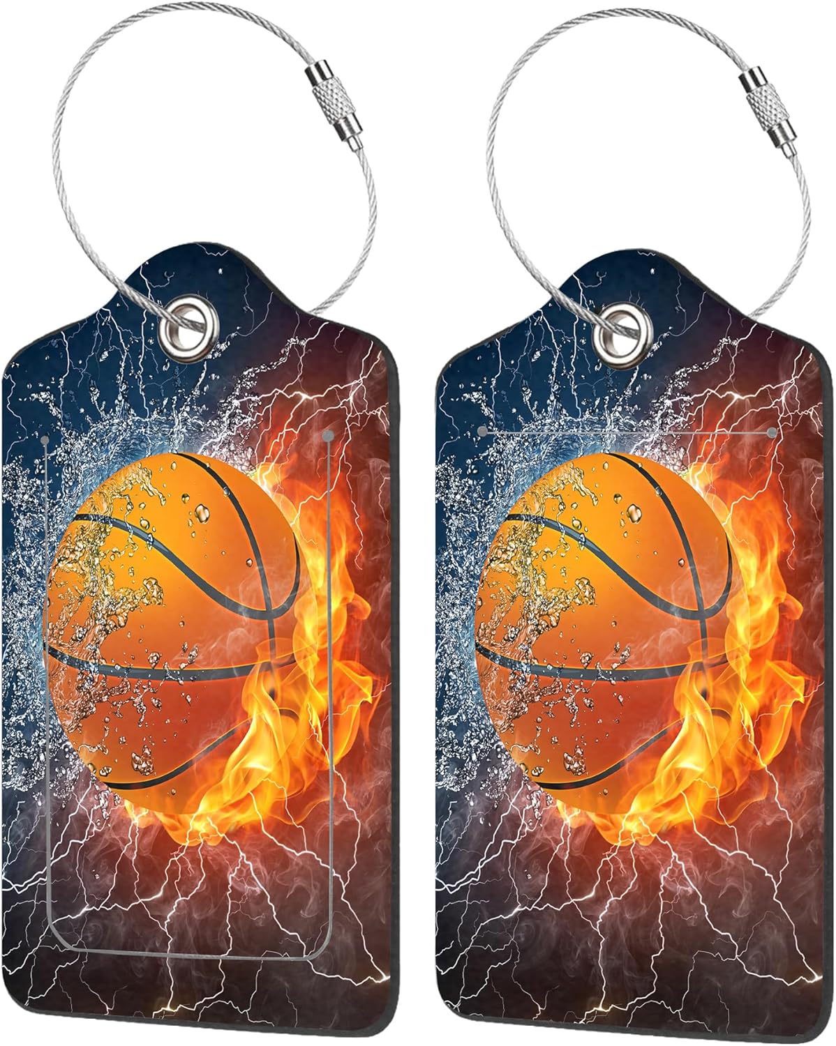 2 Pack Luggage Tags for Suitcases,Basketball on Fire and Water Luggage Tag,PU Leather Id Label Luggage Tags with Stainless Steel Loop and Privacy Cover for Women Men Teens Travel