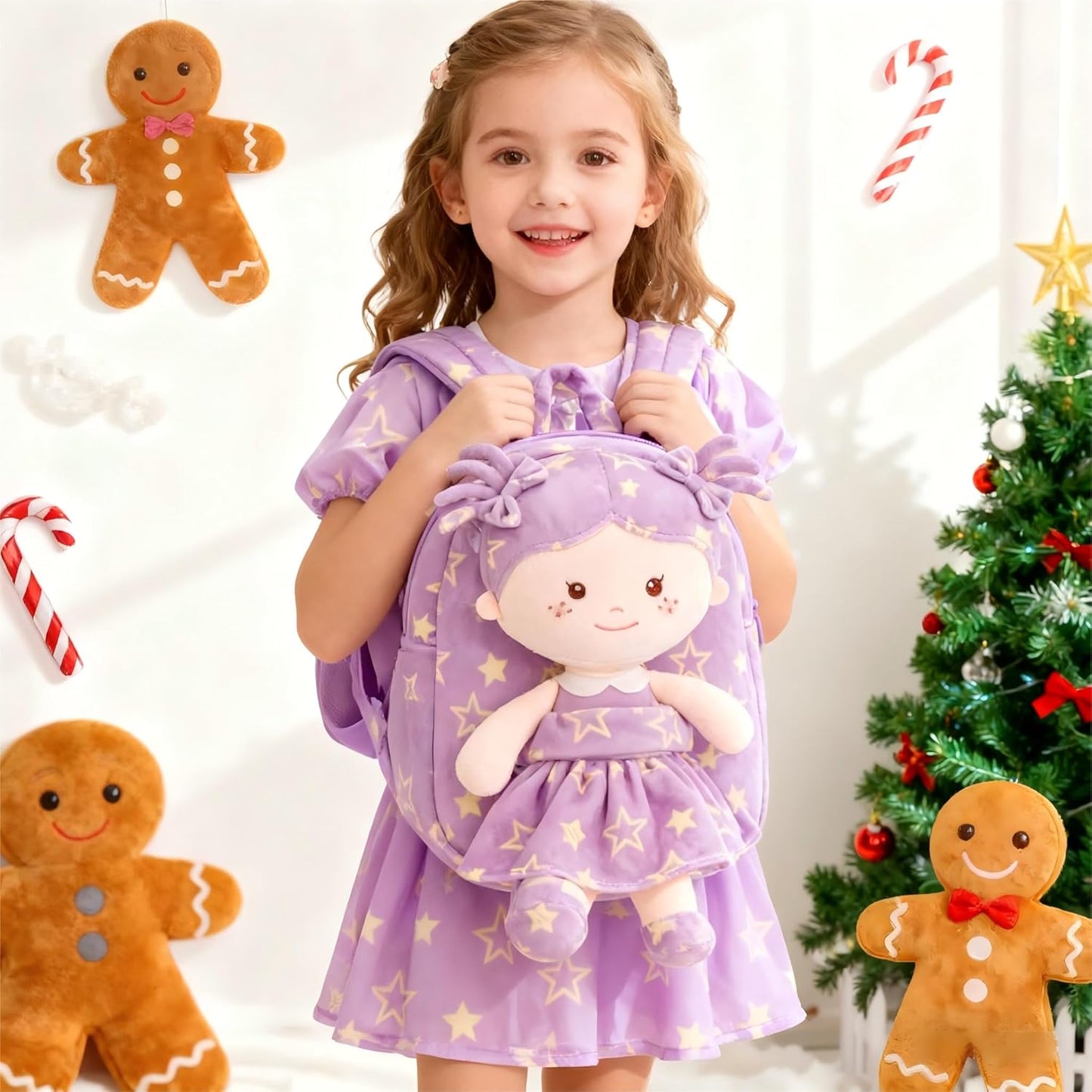Onetoo Toddler Backpacks Back to School Gifts for Girls Kids Backpack with Soft Tanned Baby Dolls in Purple Star Dress 9"