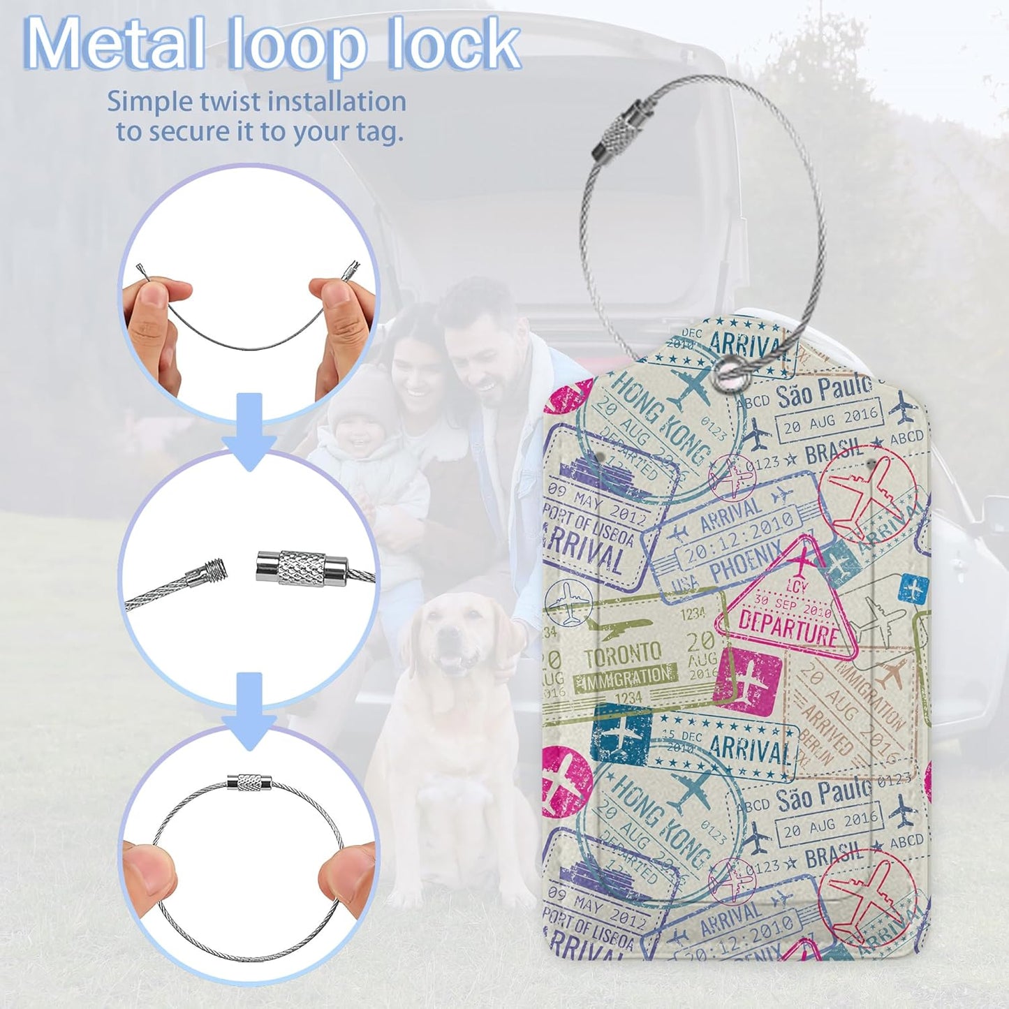 Set of 3 Luggage Tags,Travel Stamp Leather Suitcases Tag Identifiers with Privacy Name Address Labels & Durable Steel Loop for Women Men Travel