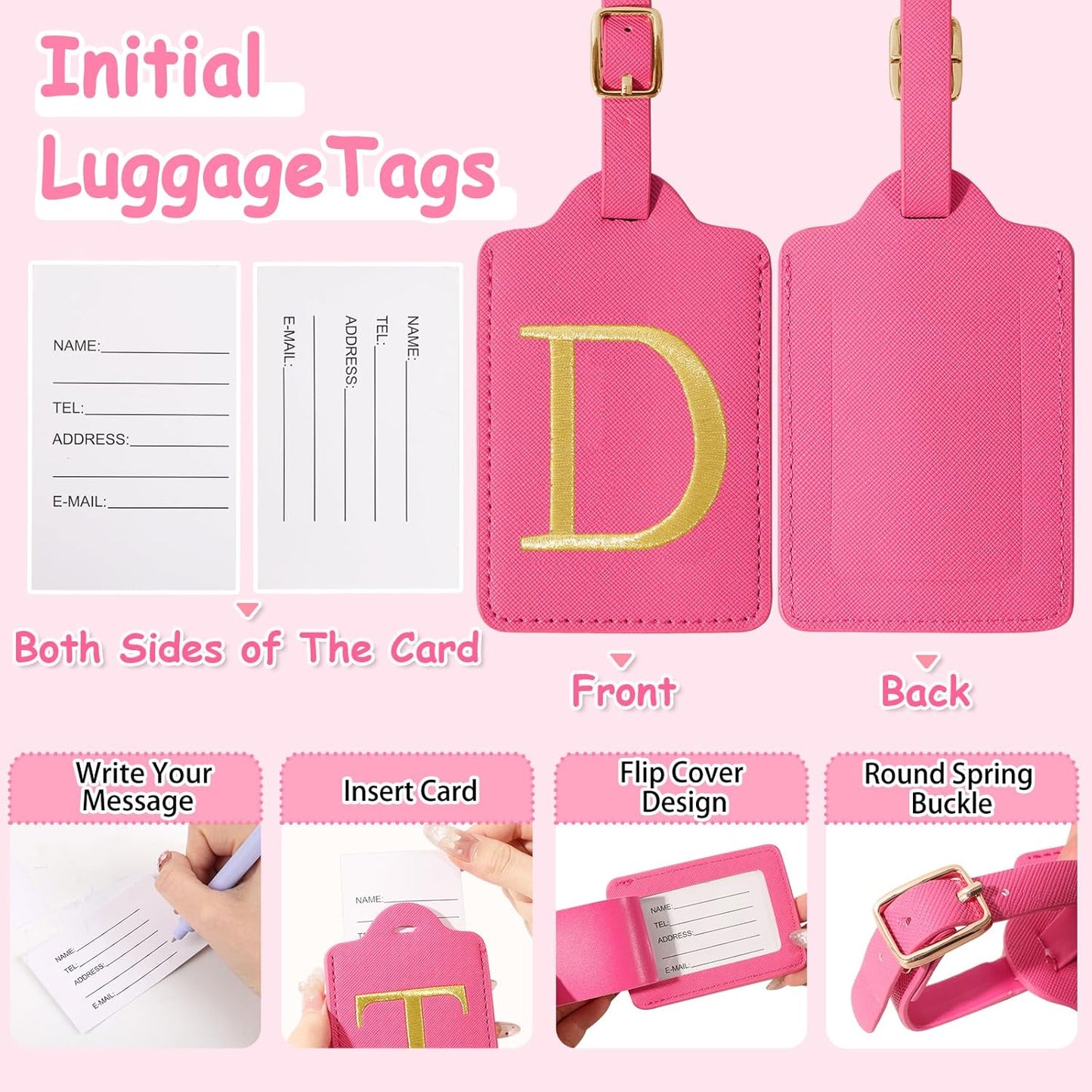 Initial Letter Luggage Tags for Suitcases, Embroidered Monogrammed Suitcase Luggage Identifier Name Tag, PU Leather TSA Approved Luggage Tags, Bag Tags for Men Women Kids Luggage Handbags(Rosered D)