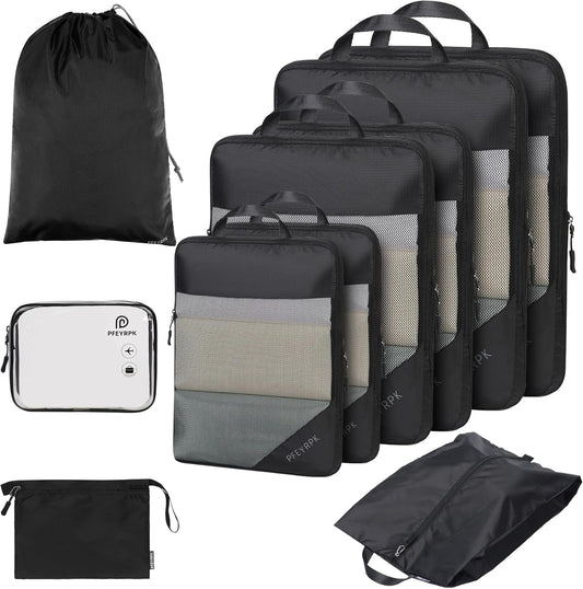 Lightweight Compression Packing Cubes for Suitcases, Compressible Expandable Travel Packing Organizer with Clear Toiletries and Backpack Bag, Travel Essentials for Carry on Luggage 7 Set