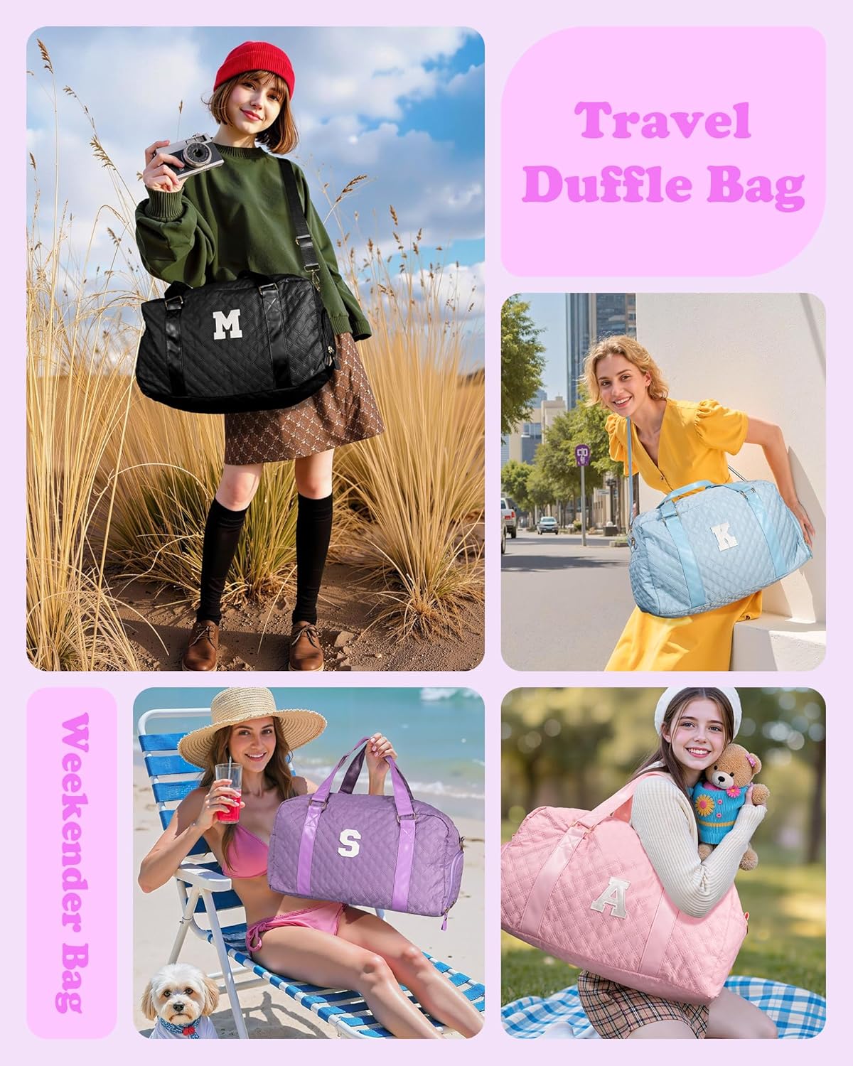 Initial Travel Duffle Bag Women Girls Gift: Personalized Weekender bags, Dance Cheer bag Sports for Girl, Kid Gymnastics Bags, Birthday Gifts for Women Girls Kids Teens Mom Teacher