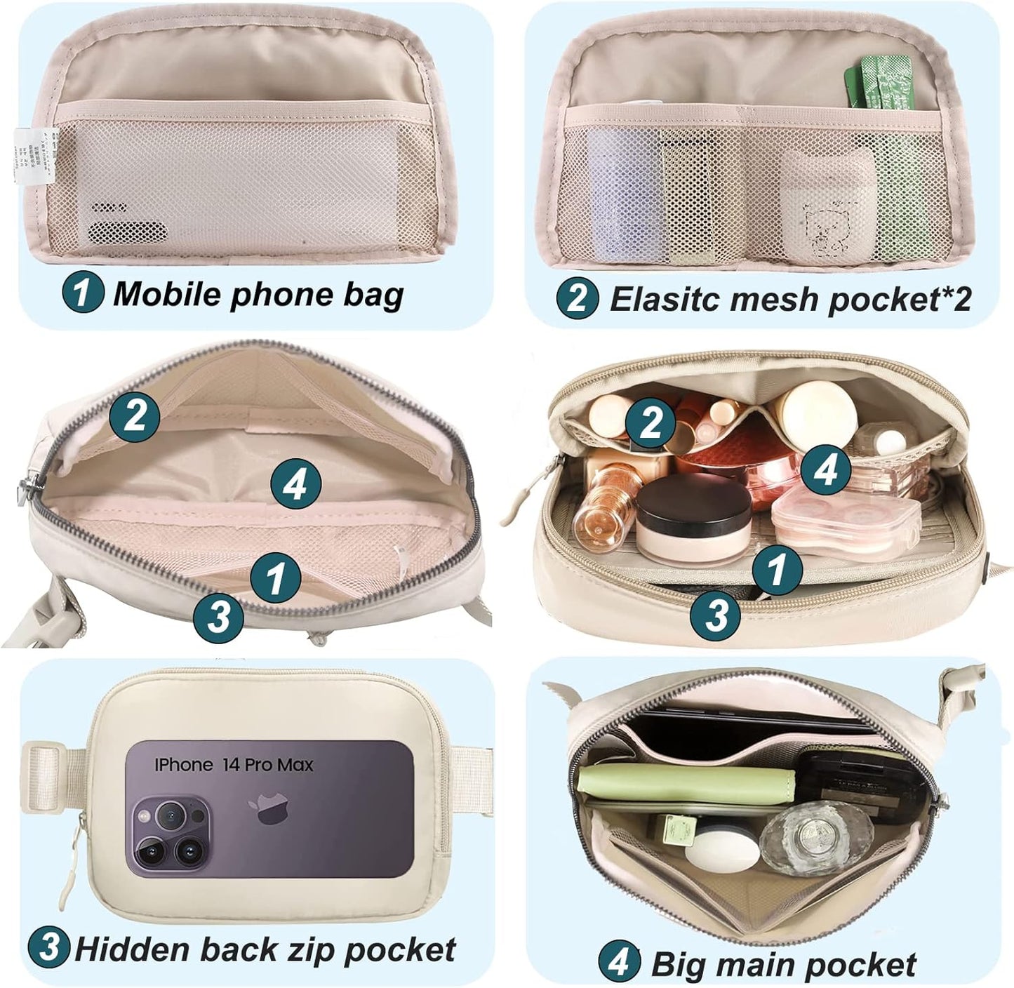 Fanny Pack for Women Men,Fashion Crossbody Bag Mini Belt Bag with Adjustable Strap and 11.8in Extension Belt, Waterproof Waist Bag for Outdoor Running Hiking Walking Travel (Beige)