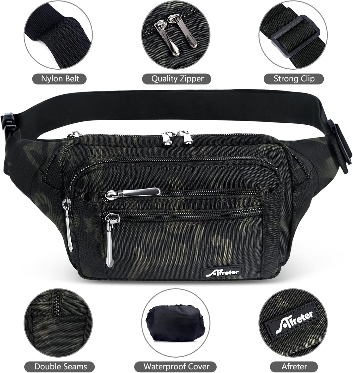 Waist Pack Bag Fanny Pack for Men&Women Hip Bum Bag with Adjustable Strap for Outdoors Workout Traveling Casual Running Hiking Cycling (Black Camo)