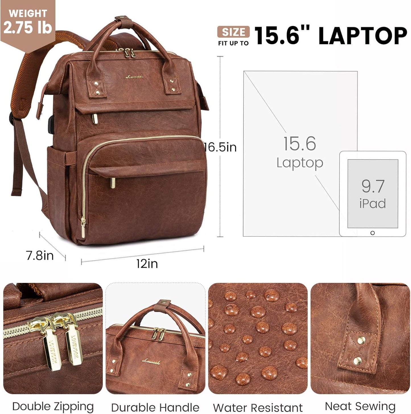 LOVEVOOK Leather Laptop Backpacks for Women 15.6 inch,Travel Backpack Purse Nurse Teacher Backpack Computer Laptop Bag,Professional College Business Work Bag Carry On Backpacks with USB Port,Red Brown