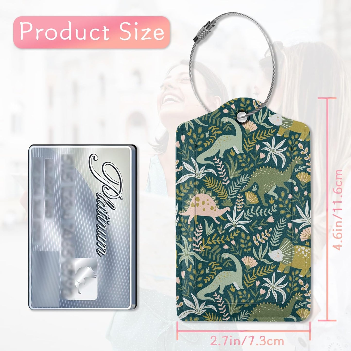 2 Pack Dinosaurs Luggage Tag for Suitcases,Tropical Leaves Luggage Tags PU Leather Bag Travel Suitcase ID Identifier Baggage Tags for Women Men Travel
