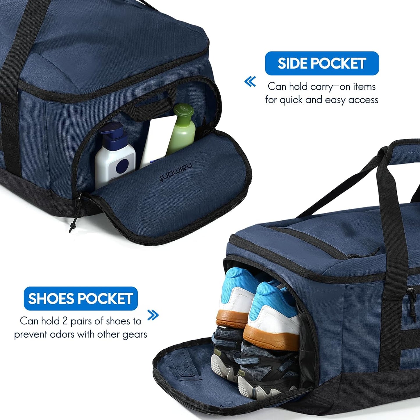 Haimont 60L Large Duffel Bag Backpack for Men Women, Travel Bag with Shoes Compartment, Convertible Duffel Backpack, Sports, Camping, Overnight, Water-Resistant, Navy Blue