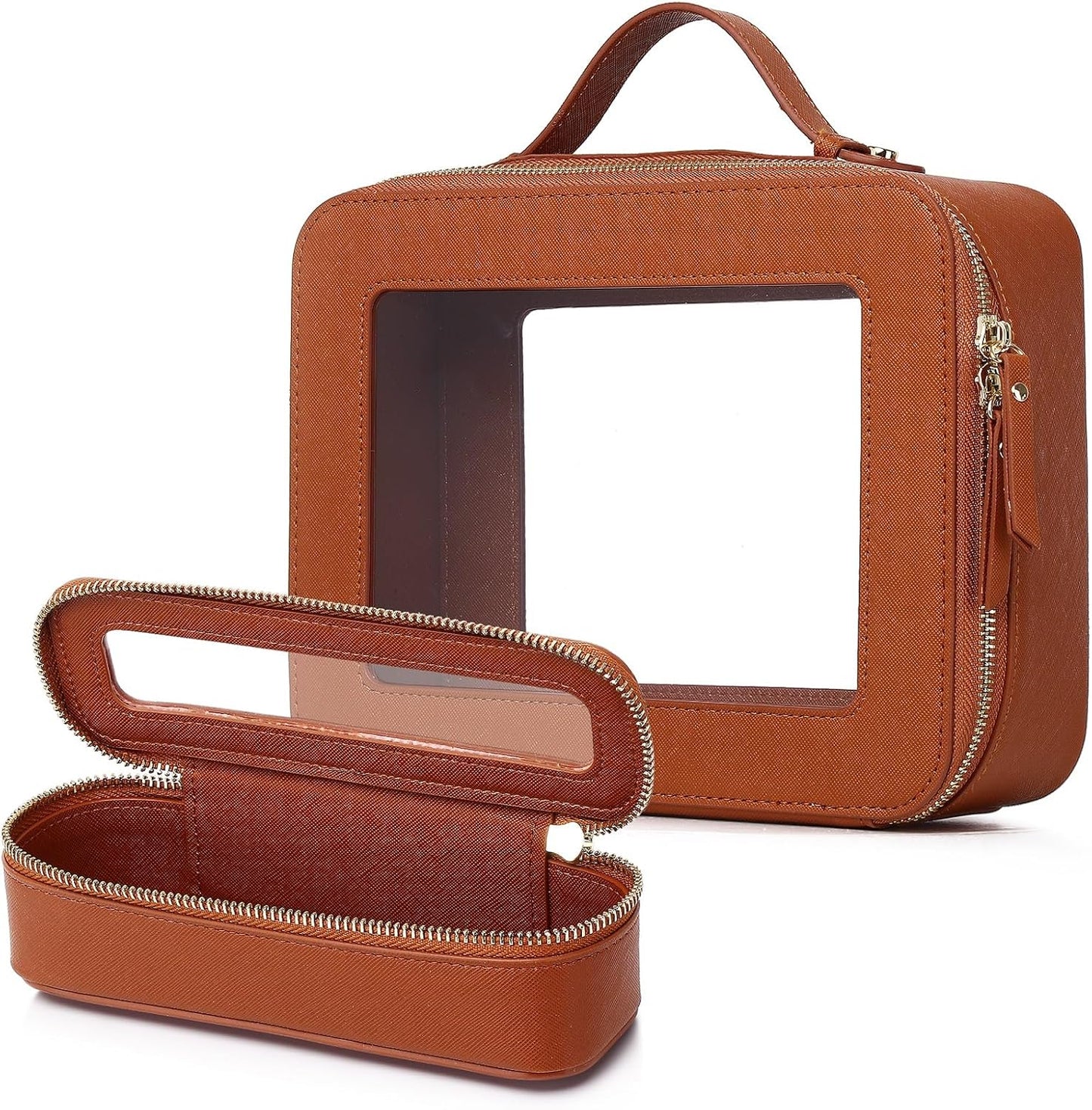 Clear Travel Makeup Bag with Brush Bag Portable Transparent Cosmetic Bag and Toiletry Bag Waterproof Clear Makeup Bag with Zipper Car Bag for Women (Brown, L+Slim)