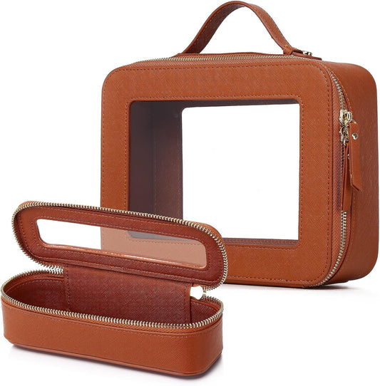Clear Travel Makeup Bag with Brush Bag Portable Transparent Cosmetic Bag and Toiletry Bag Waterproof Clear Makeup Bag with Zipper Car Bag for Women (Brown, L+Slim)