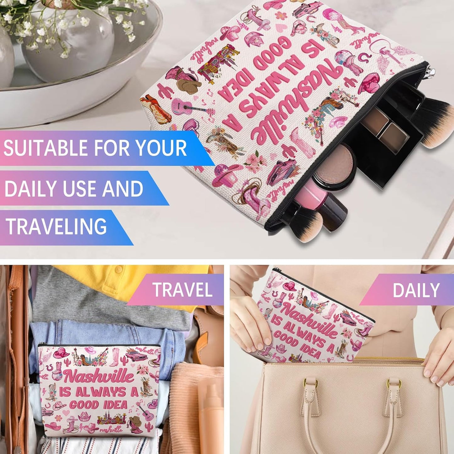 Nashville Travel Gifts Makeup Bag, Nashville Lover Accessories Souvenirs, Country Music Gifts for Traveller Women Friends, Birthday Bachelorette Party Favors Women Trip Cosmetic Bag Pouch