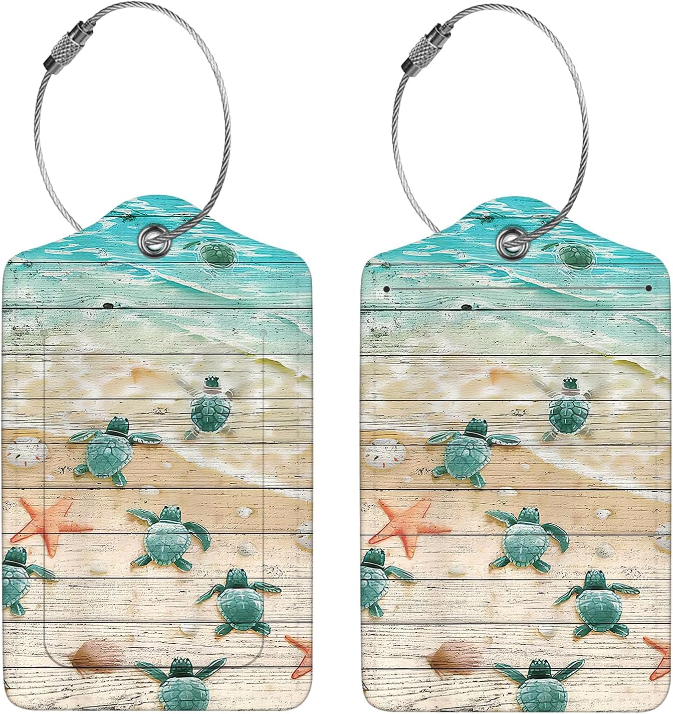 2 Pcs Luggage Tags for Suitcase, Cute Unique PU Leather Travel Bag Tag with Privacy Cover ID Label Address Card and Durable Metal Ring Suitable for Men Women Children Backpack,Turtle and Starfish
