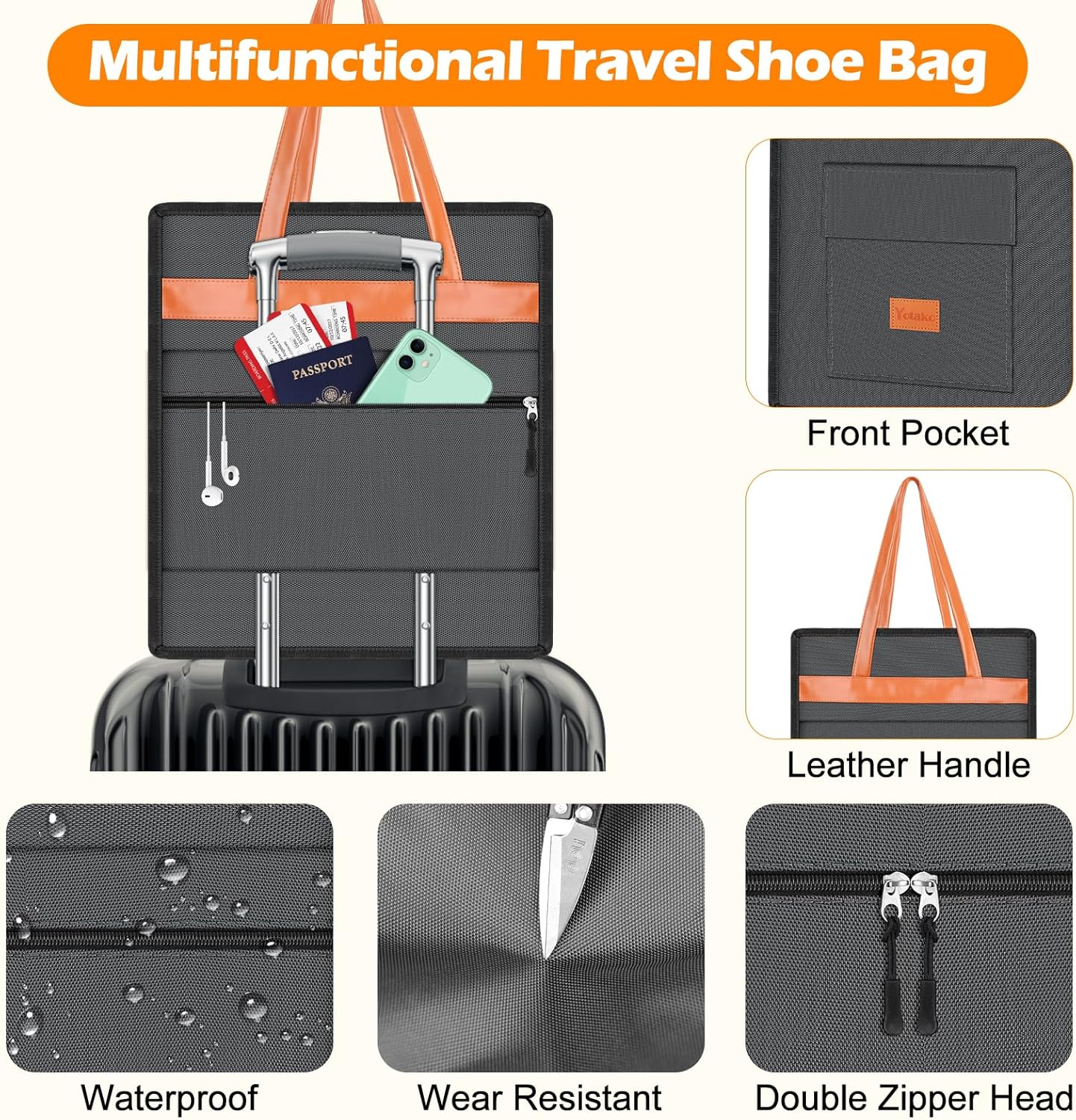 Yotako Shoe Bag for Travel with Leathers Handle-Portable Shoe Organizer with Pockets,3 in 1 Hanging Luggage Shoe Storage Bag,Travel Shoe Bag for Women Men Fit 6 PCS Shoes,Grey