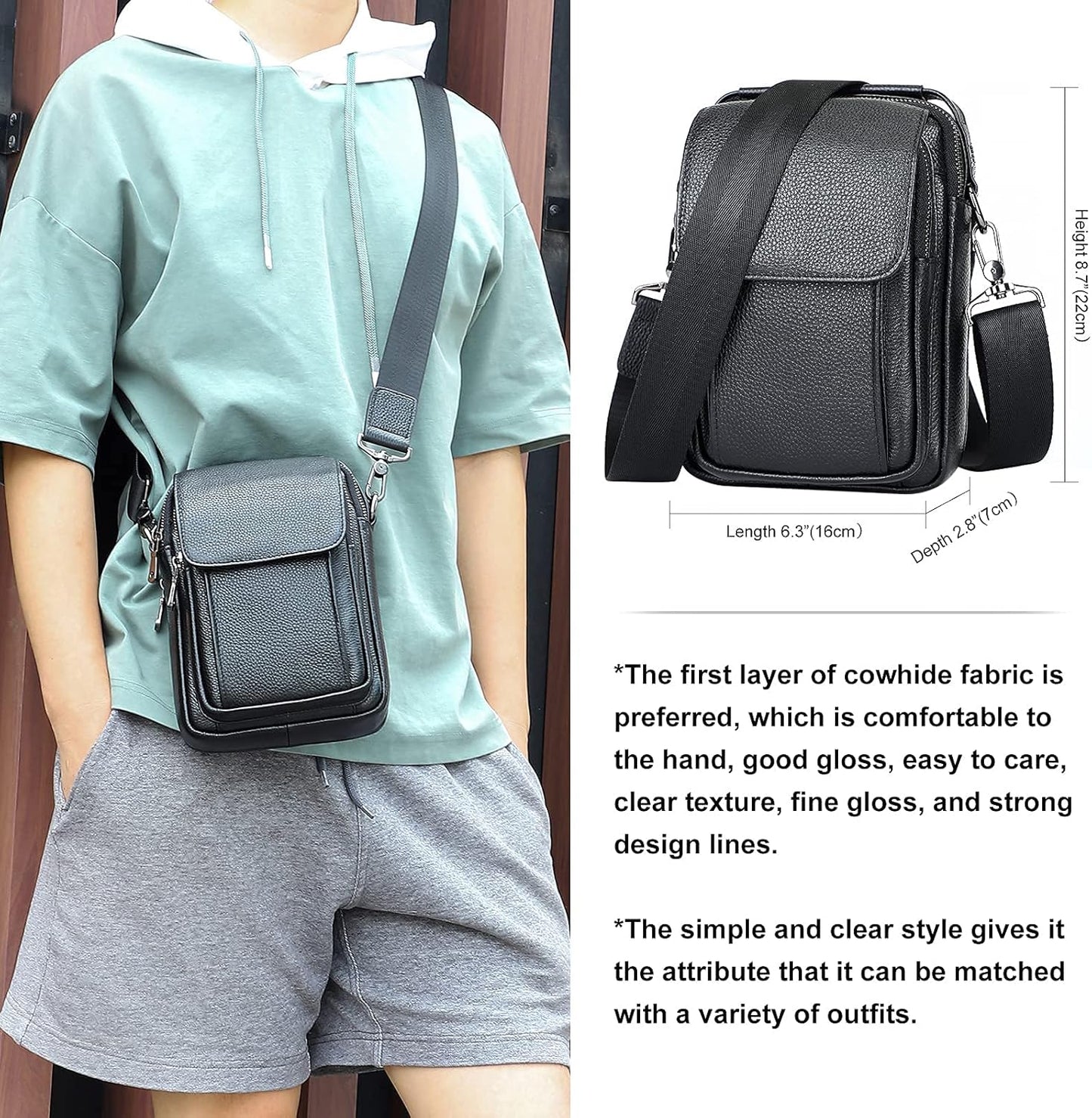 Augus Leather Small Messenger Bag For Men Crossbody Handbag Shoulder Sling Travel Bags for Men Purse Daypack Magnetic Buckle