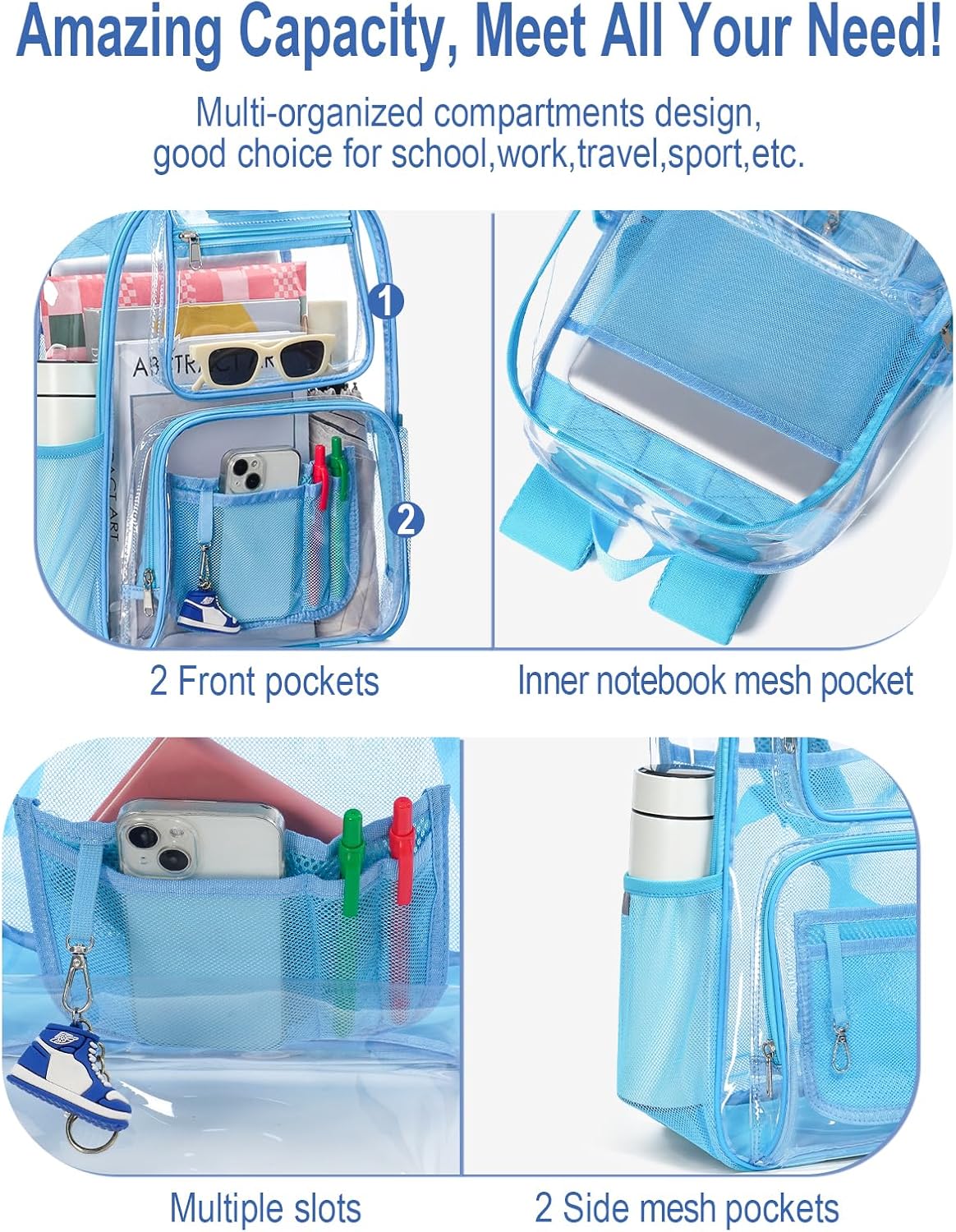 Heavy Duty Clear Backpack For Kids Women Men Boys Girls, 17 Inch Large See Through Backpack, Clear Bookbag With An Extra Pouch Accessories, Transparent Bag For School College Work, Light Blue