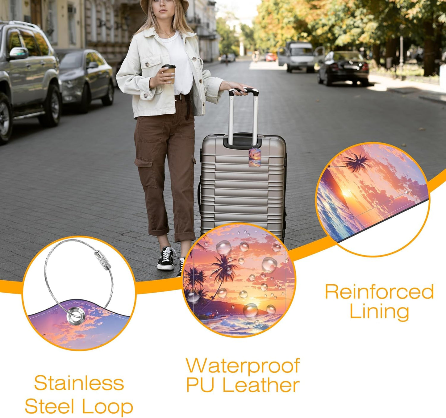 3 Pack PU Luggage Tags for Suitcase, Palm Trees Beach at Sunset Suitcase Tag Leather Privacy Cover ID Label with Stainless Steel Loop for Baggage Handbag School Bag Backpack
