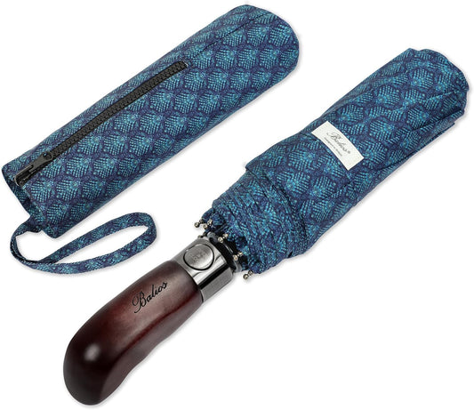 Balios Travel Folding Umbrella with Real Wood Handle Auto Open Close Vented Windproof Canopy - Designed in UK