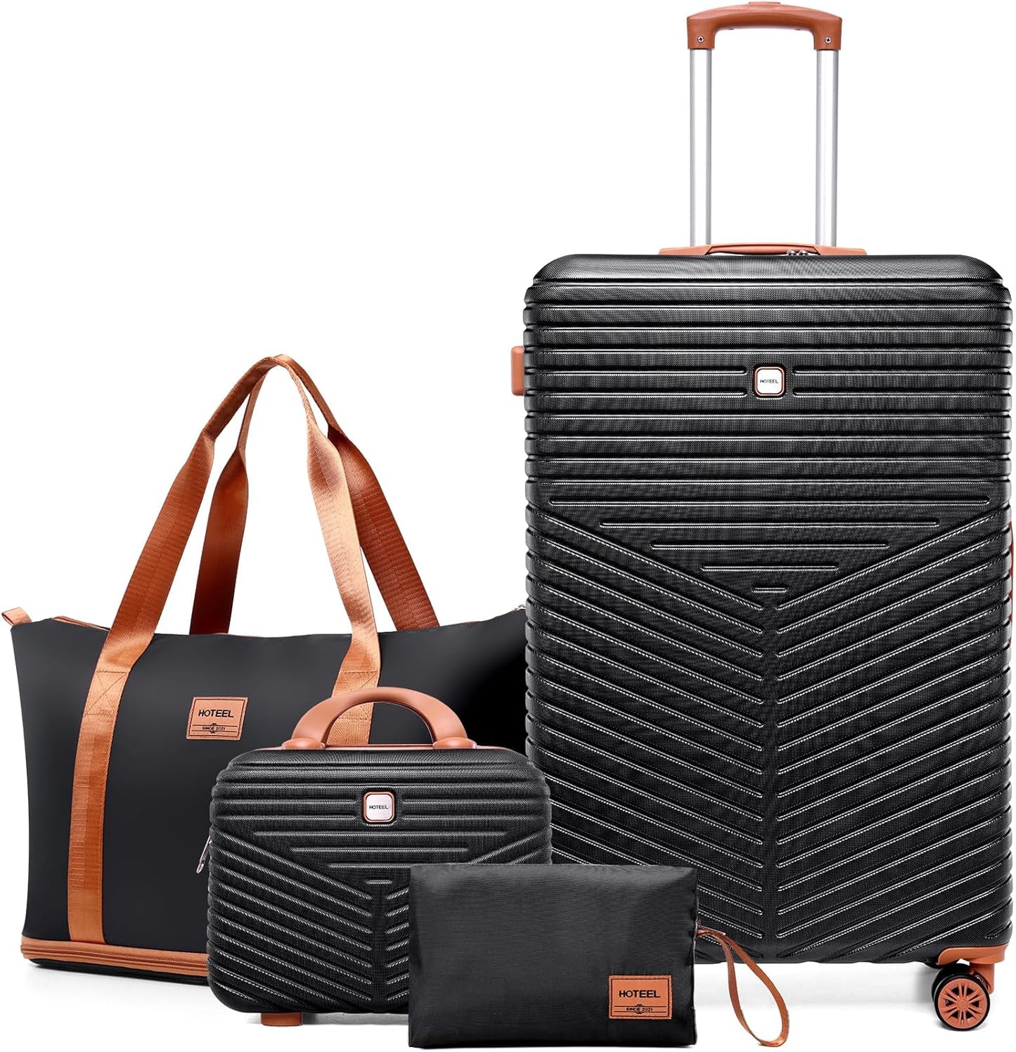 Hoteel 4 Piece Luggage Set (4-YEAR WARRANTY) Carry on ABS+PC Hard Shell Suitcase with Spinner Wheels & TSA Lock (Black)