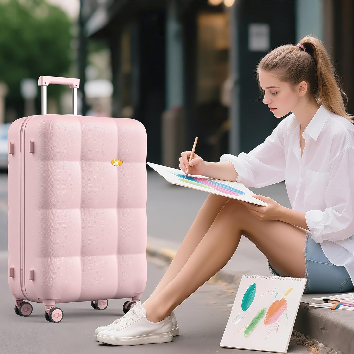 MGB 26-Inch Hardside Suitcases with Wheels, Medium Checked Luggage with 360°Spinner Wheels - Scratch Resistant Hardshell - TSA Lock - Polycarbonate Shell for Lightweight Travel - Pink