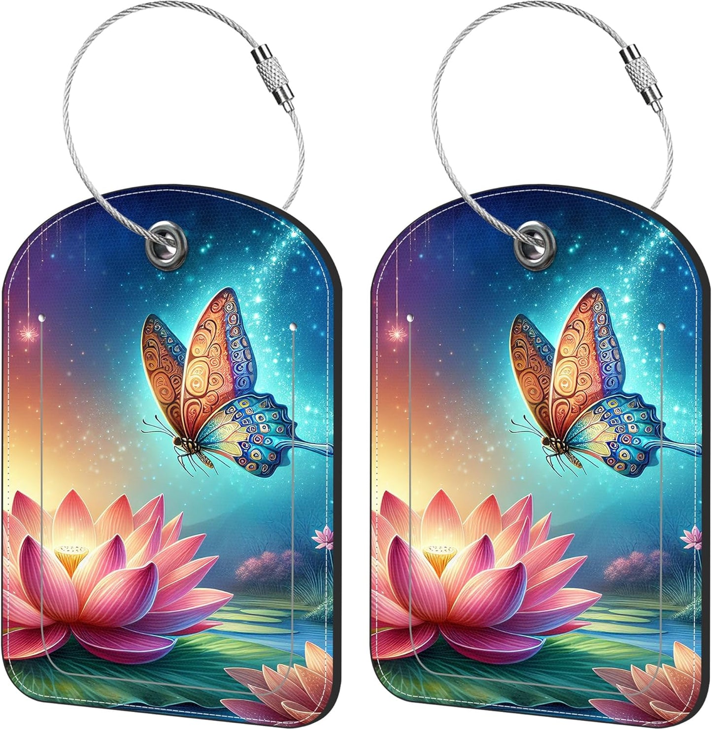 2 Pack Cute Luggage Tag for Suitcases Magic Butterflies Leather Luggage Tags with Stainless Steel Loop Privacy Flap Name Tags,Men and Women Travel Bag Suitcase Tags