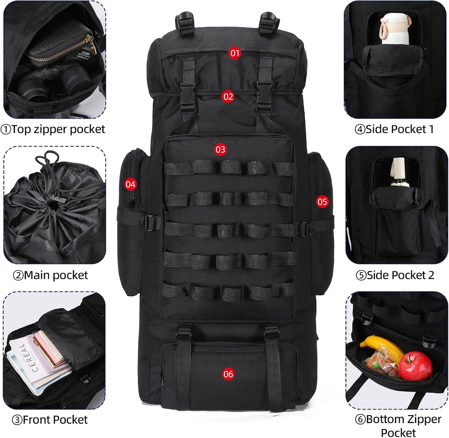 70L Camping Hiking Backpack with Rain Cover, Large Military Tactical Backpack, Waterproof Molle Racksack Travel Backpacking Daypack for Climbing Trekking