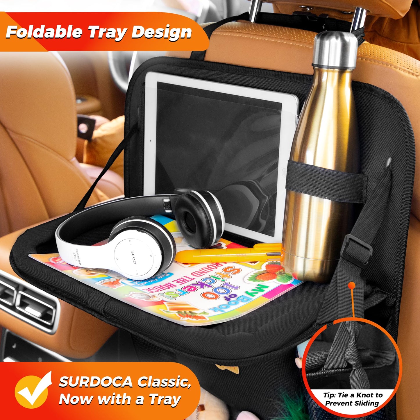 SURDOCA Backseat Car Organizer with Foldable Tray for Kids & Adults – NEW MODEL Seat Storage with