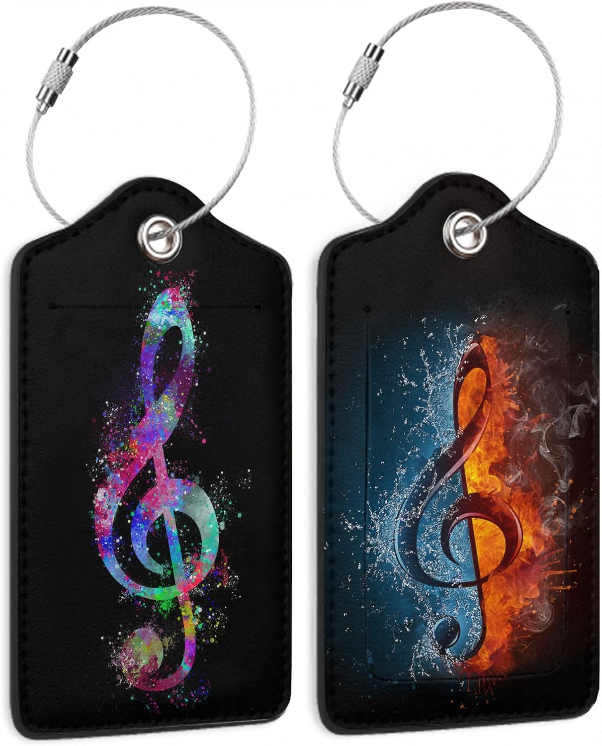 Set of 2 Colorful Treble Clef Luggage Tags for Suitcases, Treble Clef in Fire and Water Leather Suitcase Tag Name Identifiers Labels for Travel Bag Baggage Backpack