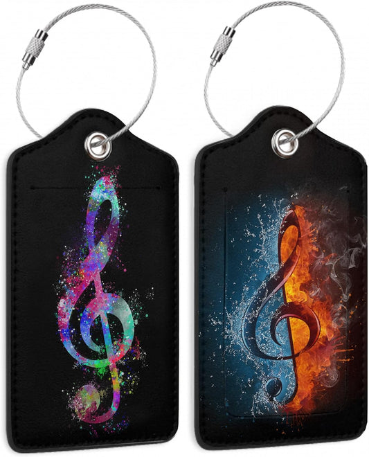 Set of 2 Colorful Treble Clef Luggage Tags for Suitcases, Treble Clef in Fire and Water Leather Suitcase Tag Name Identifiers Labels for Travel Bag Baggage Backpack