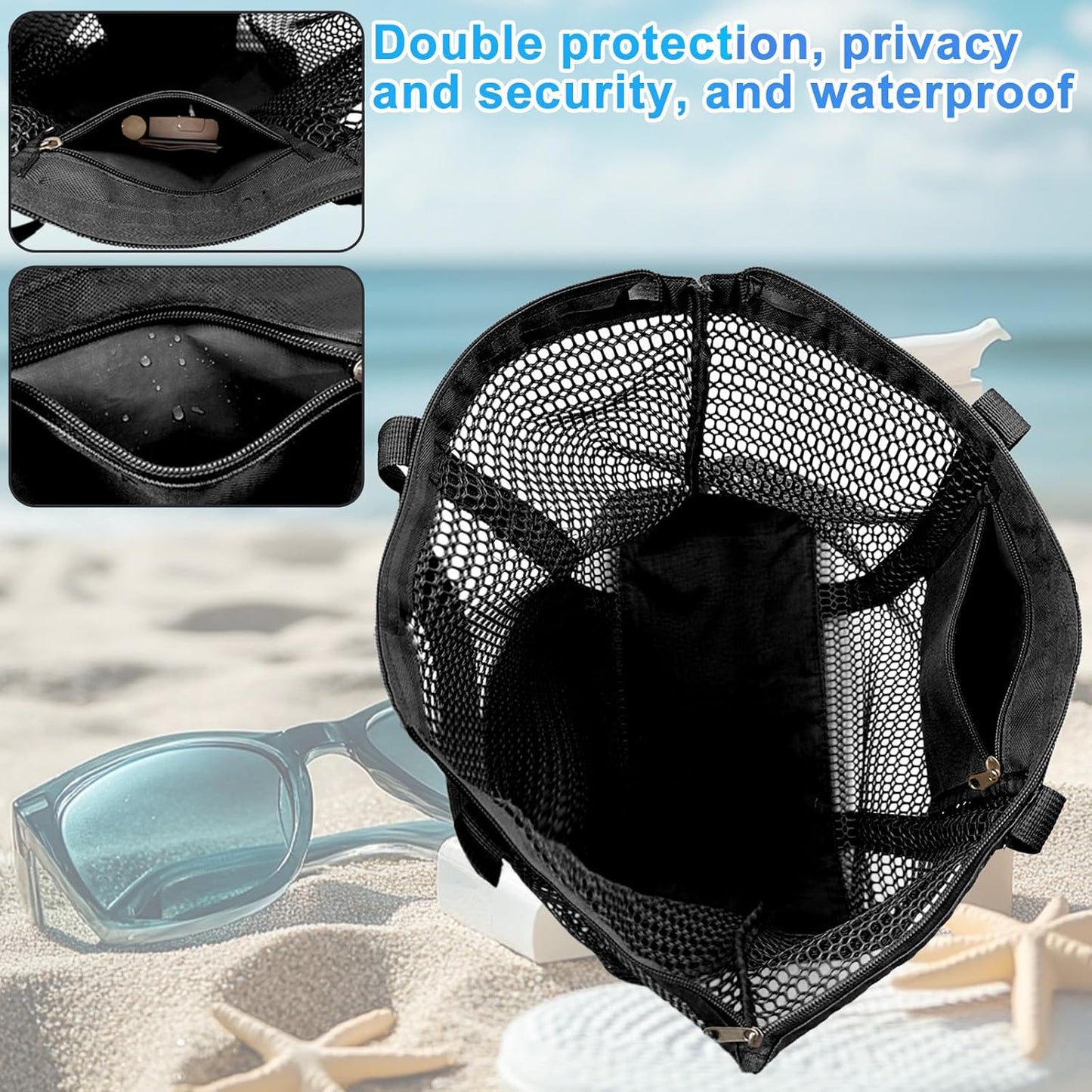 Mesh Beach Bags for Women with Zipper Foldable Hobo Tote Bag Vacation Shoulder Bags for Swimming Pools