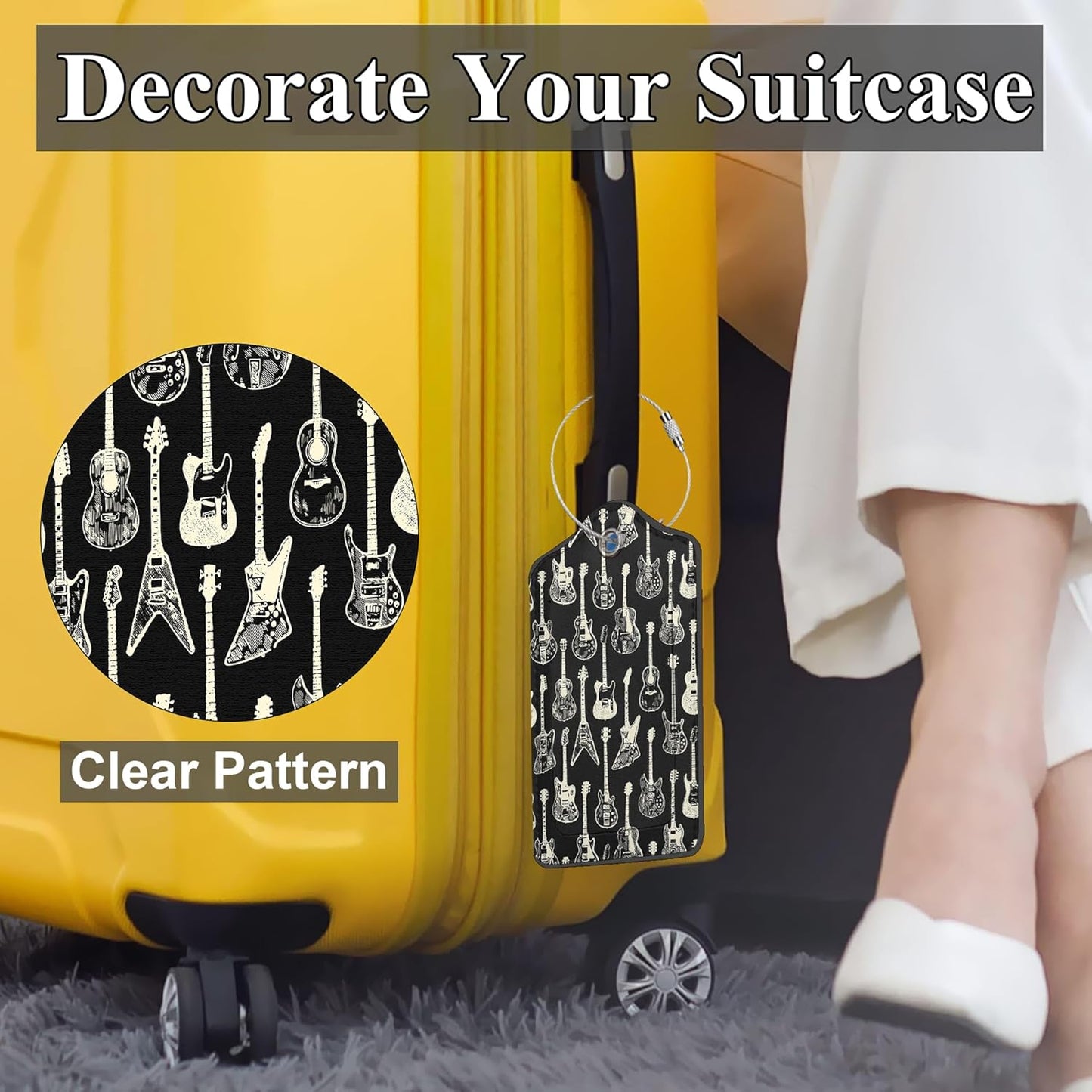 Set of 2 Luggage Tags for Suitcases, Leather Colorful Guitar Music Baggage Tags with Stainless Steel Loop, Privacy Name ID Card Cover Travel Labels for Women Men Kids Girls
