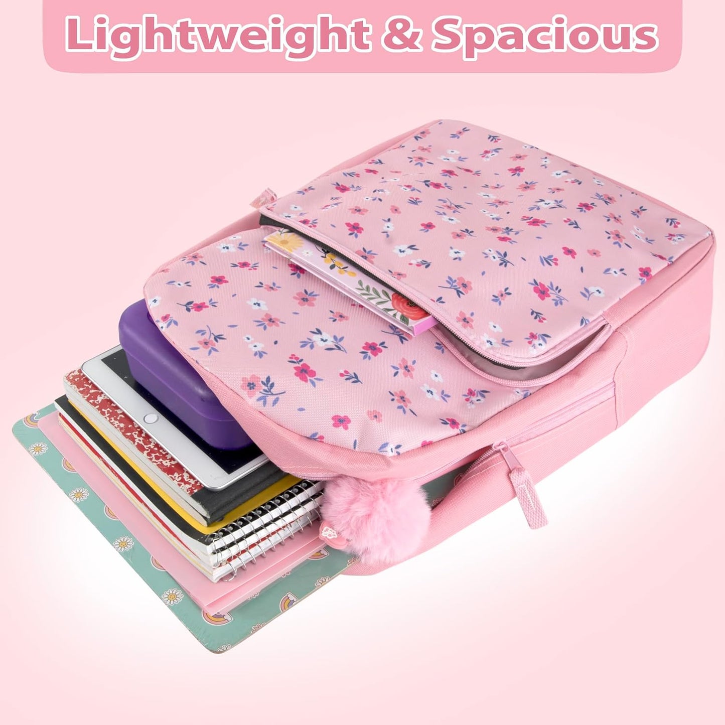 Fun School Backpack for Elementary Middle School Girls and Boys | 17 Inch Printed Backpacks for School Kids, Travel (Pretty Pink Flowers)