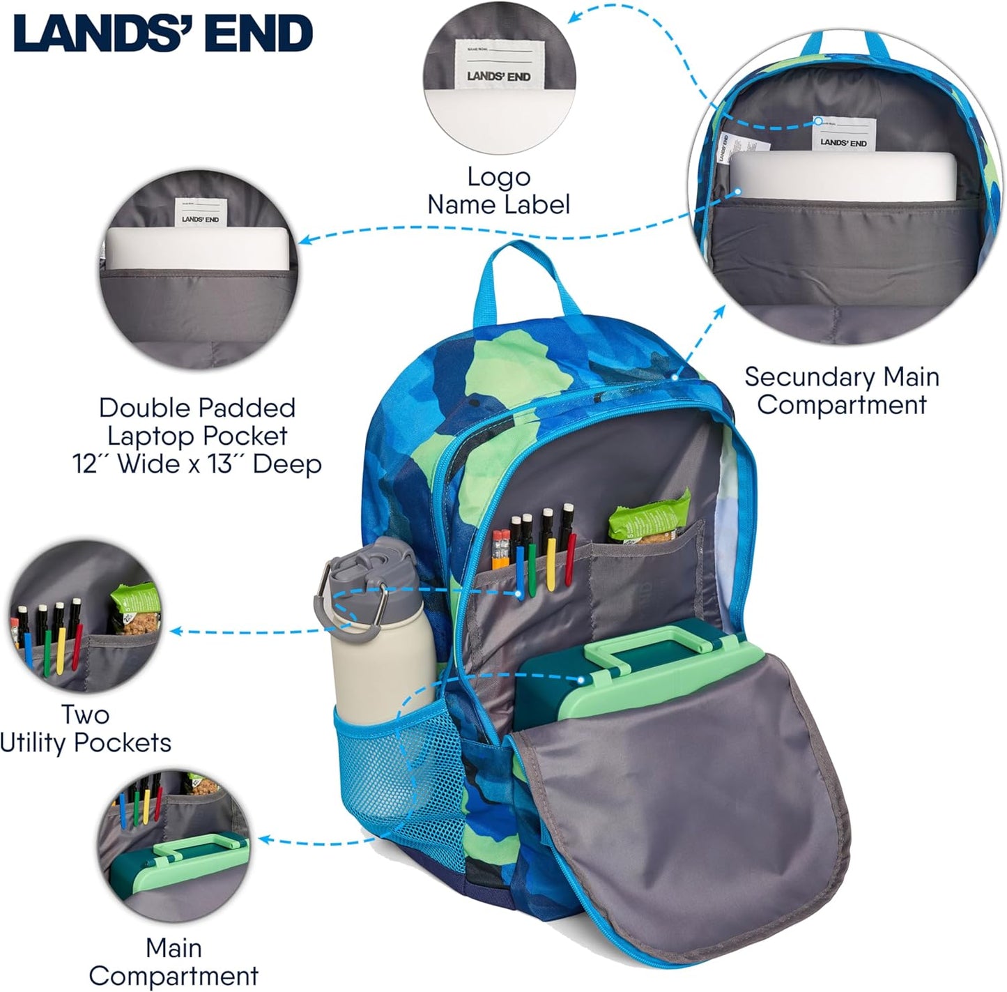 Lands' End Unisex Kids Large ClassMate Lightweight Durable Elementary School Backpack, Bright Blue