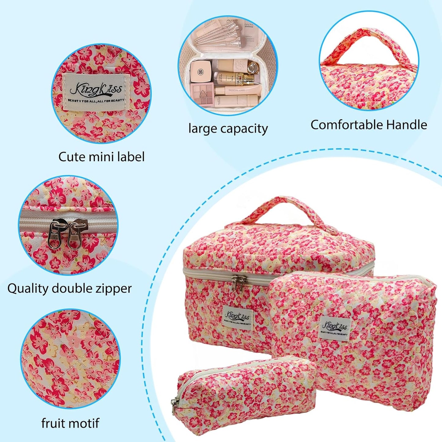 Quilted Makeup Bag, Large Capacity Travel Cosmetic Bag for Women and Girls, Aesthetic Storage for Daily and Travel Use (3pcs-Red Flowers)