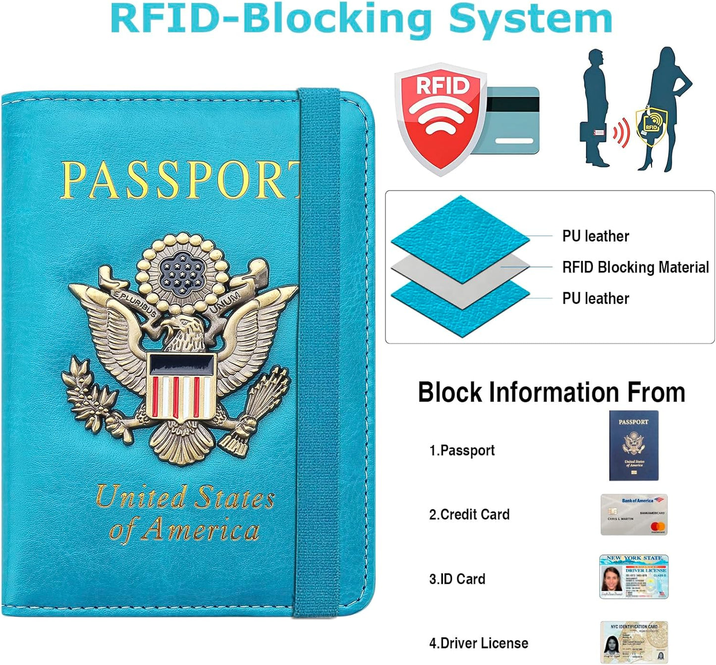 Passport Holder for Travel Men Women, RFID Blocking Passport Cover Leather Passport Wallet With 3D Metal Badge Waterproof Passport Case Travel Wallets Accessories Document Organizer (Sky Blue)