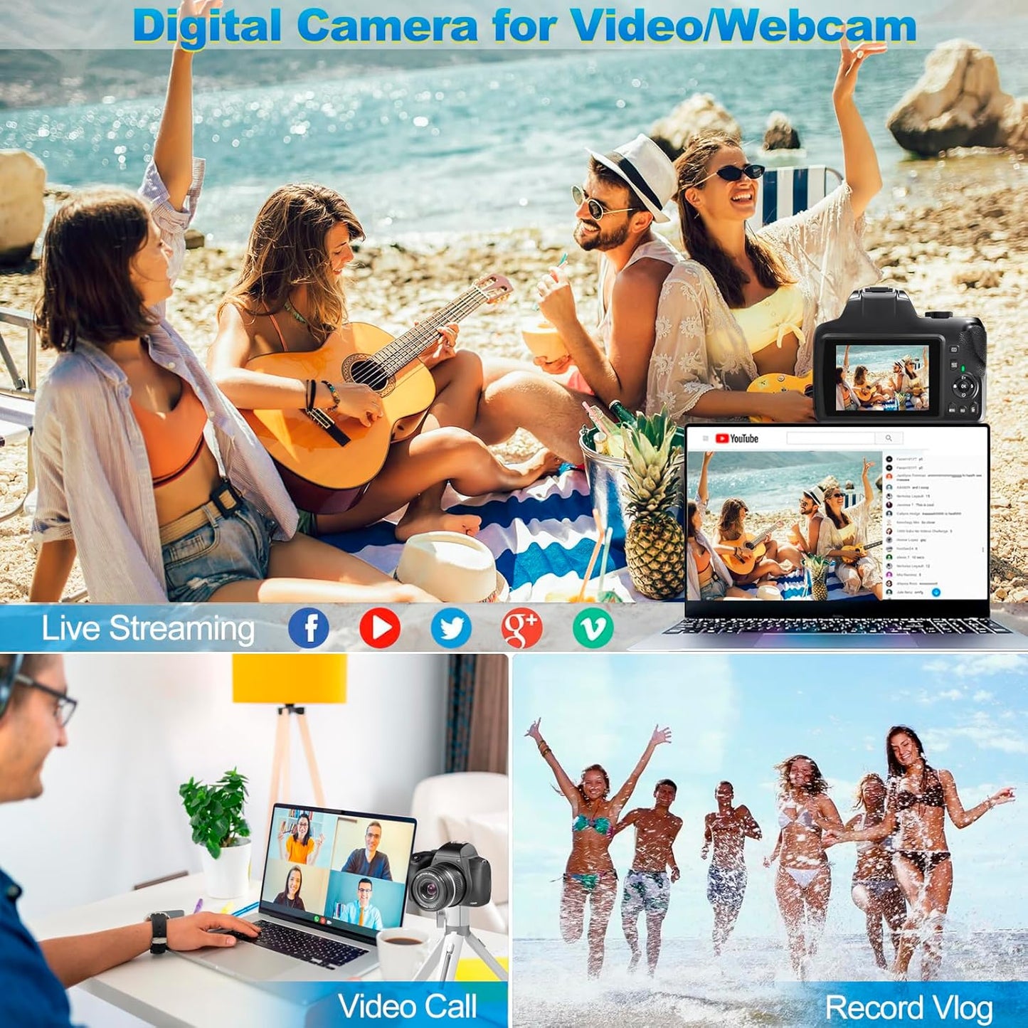 4K Digital Camera for Photography with WiFi, 10X Optical Zoom Vlogging Camera for YouTube 64MP Autofocus Compact Camera with 64GB SD Card 2 Batteries, USB Card Reader & Charging Stand