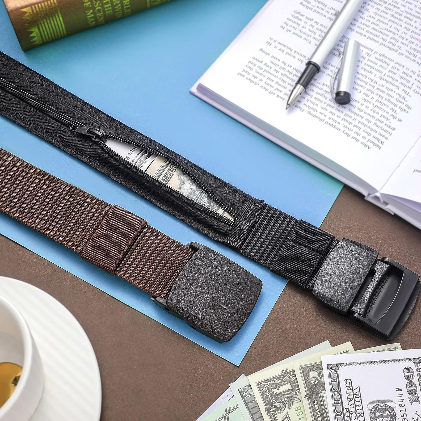 Eurzom 2 Pcs Travel Money Belts for Men Women Hidden Money Pocket Security Belts, Nylon Anti Theft Wallet with Plastic Buckle, Coffee and Black