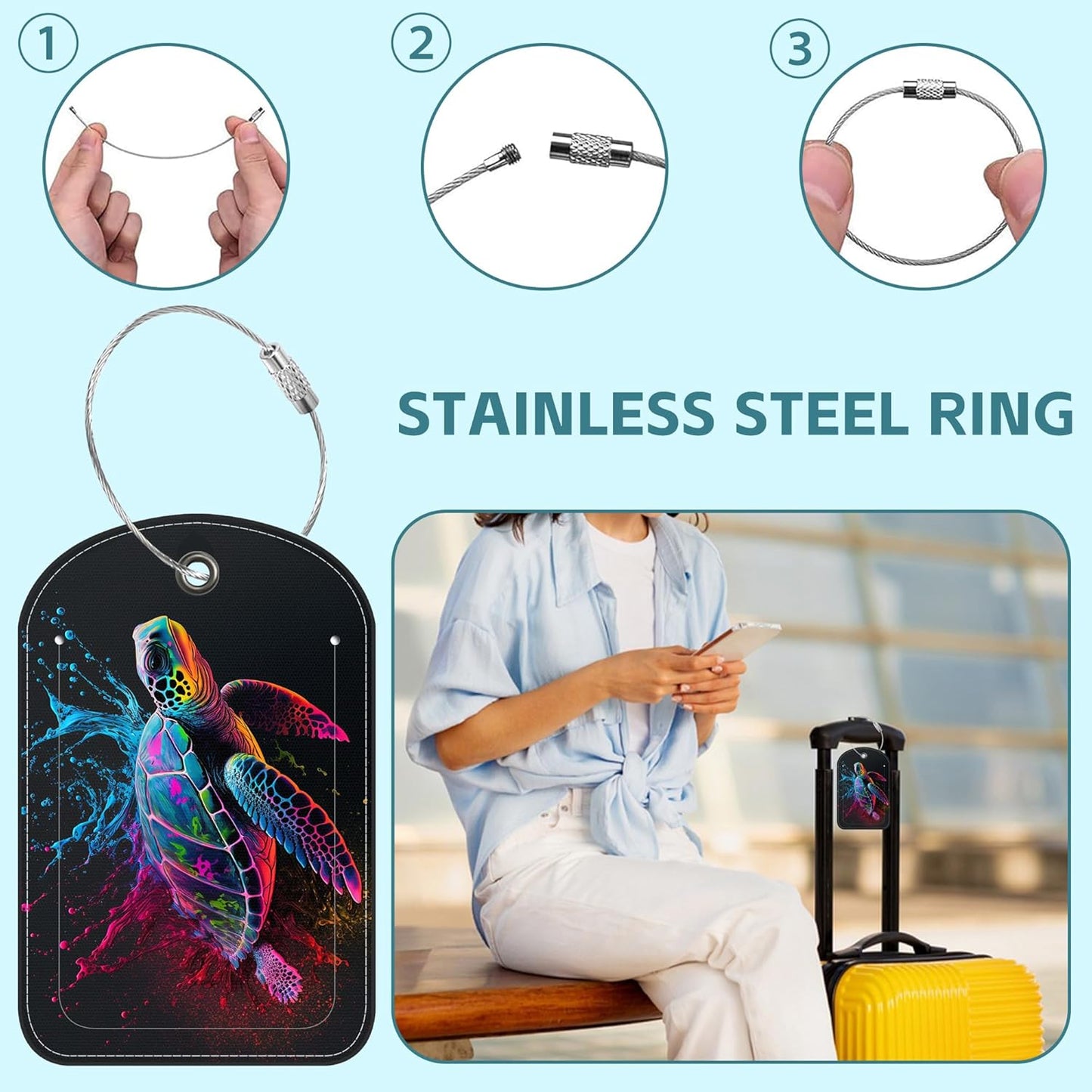 2 Pack Cute Luggage Tag for Suitcases Watercolor Sea Turtle Leather Luggage Tags with Stainless Steel Loop Privacy Flap Name Tags,Men and Women Travel Bag Suitcase Tags