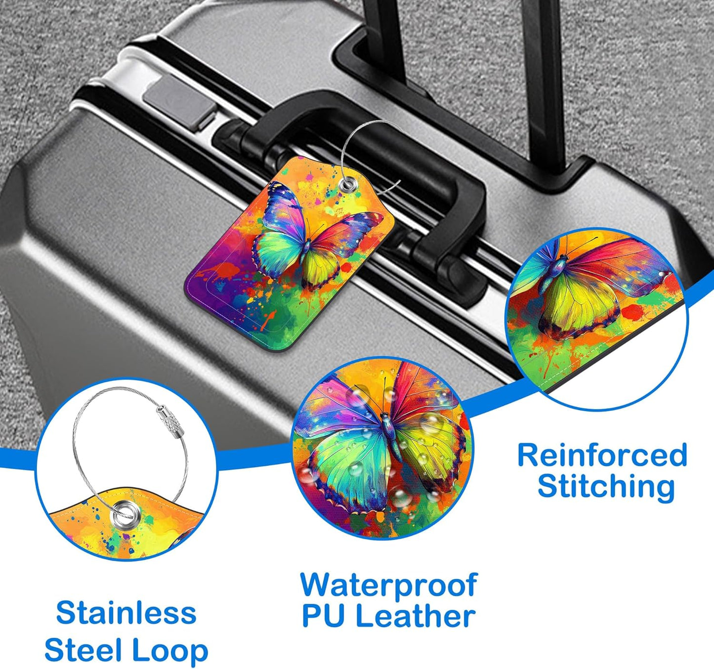 2 Pcs Luggage Tags for Suitcases, Colorful Butterfly Leather Bag Tags for Luggage Privacy Cover Name ID Label with Stainless Steel Loop Cruise Airport Travel Essentials
