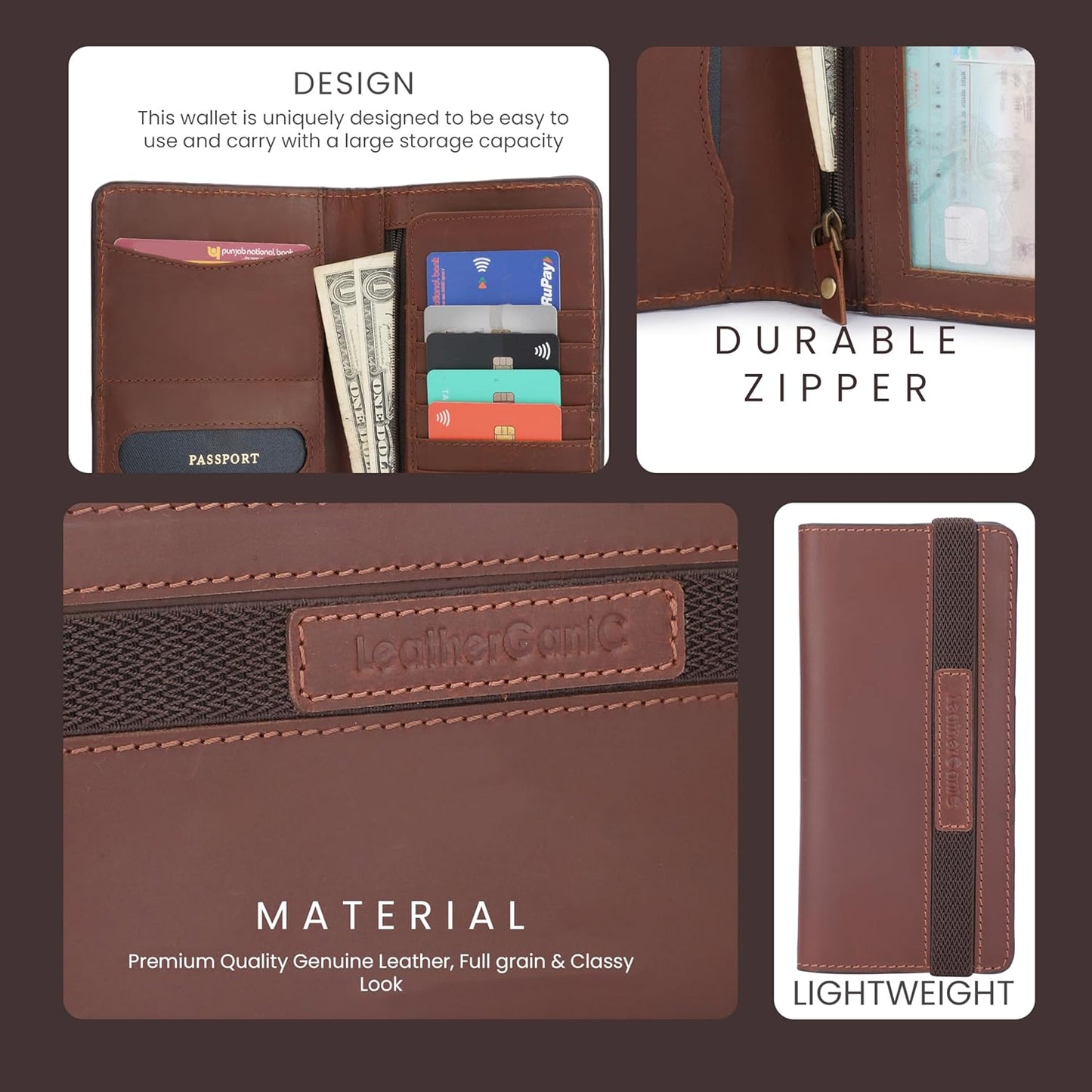 Passport Wallet for Men & Women Genuine Leather Bifold Travel Wallet RFID Blocking Long Passport Holder Document Organizer Travel Pouch Airline Ticket Wallet with Zipper Pocket [Tan]