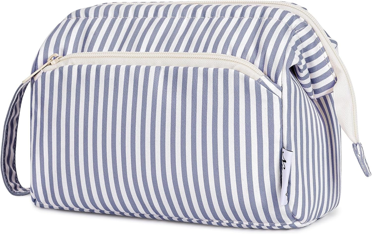 Narwey Striped Wide Open Makeup Bag Women, Travel Toiletry Bag for Women Cosmetic Bag Organizer Make up Bags with Compartments, Gift for Teen Girls (Greyish Blue Stripe)